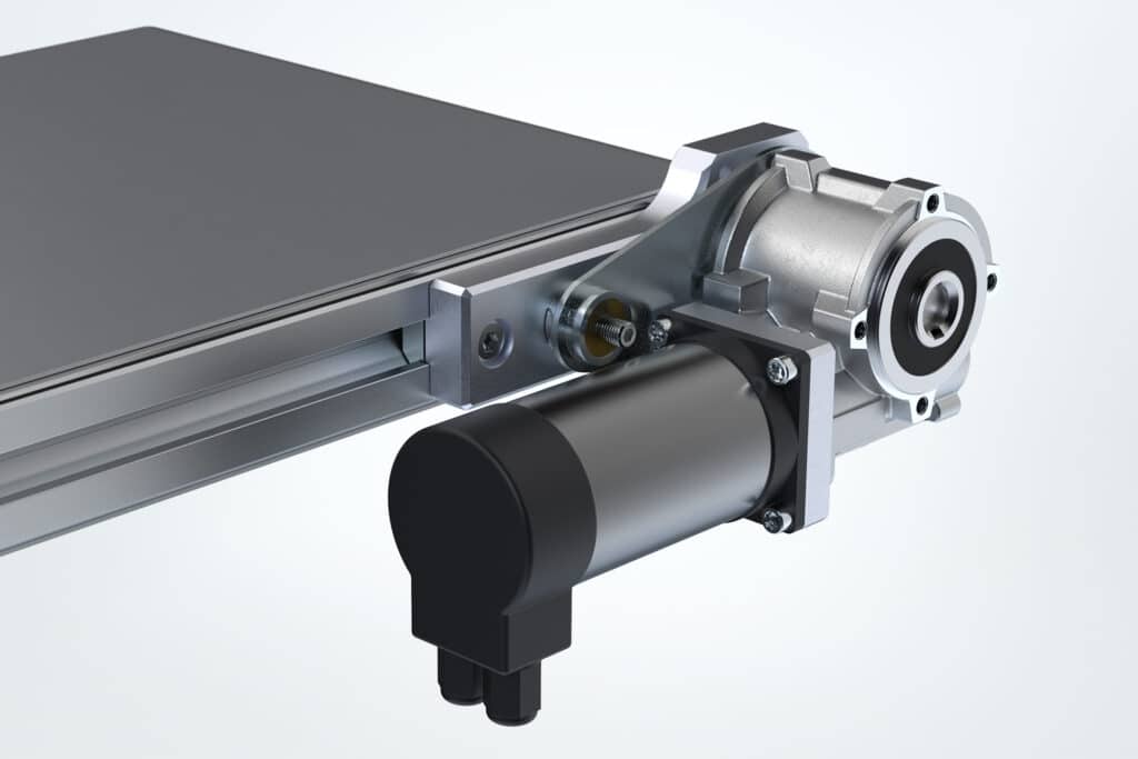 Detailansicht eines Robotunits 24V-Antriebsmoduls – kompakter Direktantrieb für Fördertechnik-Anwendungen