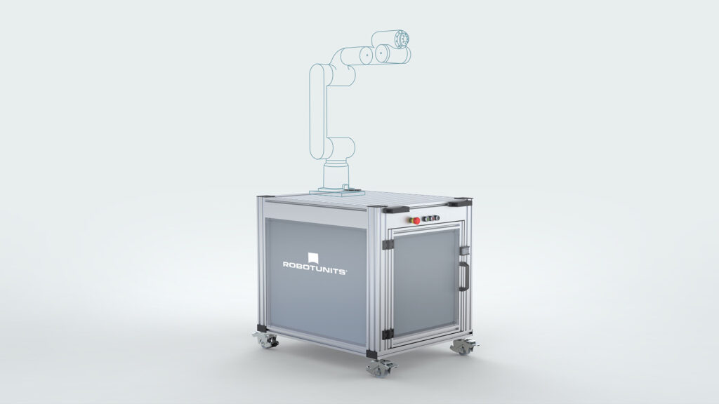 Robotunits Cobot-Station Unterbau auf Rollen für flexible Anwendungen in Kombination mit ABB, Fanuc oder UR Robotern.