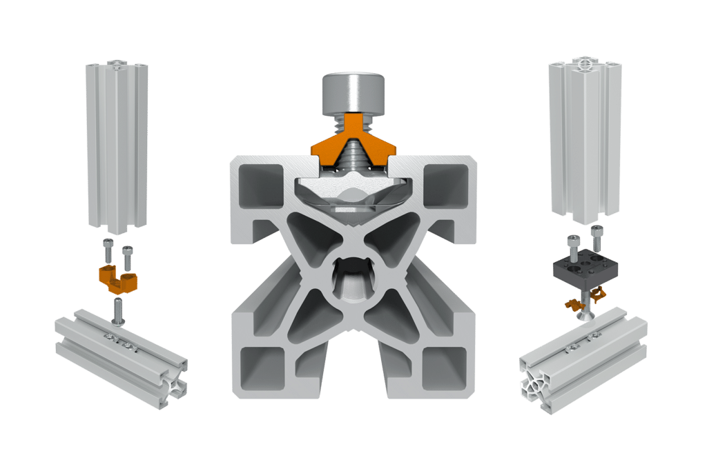 Die Aluminiumprofile von Robotunits lassen sich mit den Verbindungstechnik Komponenten ohne bohren und ohne fräsen mittels Schrauben und Spreizkeil formschlüssig verbinden.