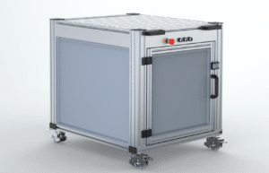 Cobot-Station Komponenten im Detail: Aluminiumpfrofile, Profilscharniere, Profilhandgriffe von Robotunits
