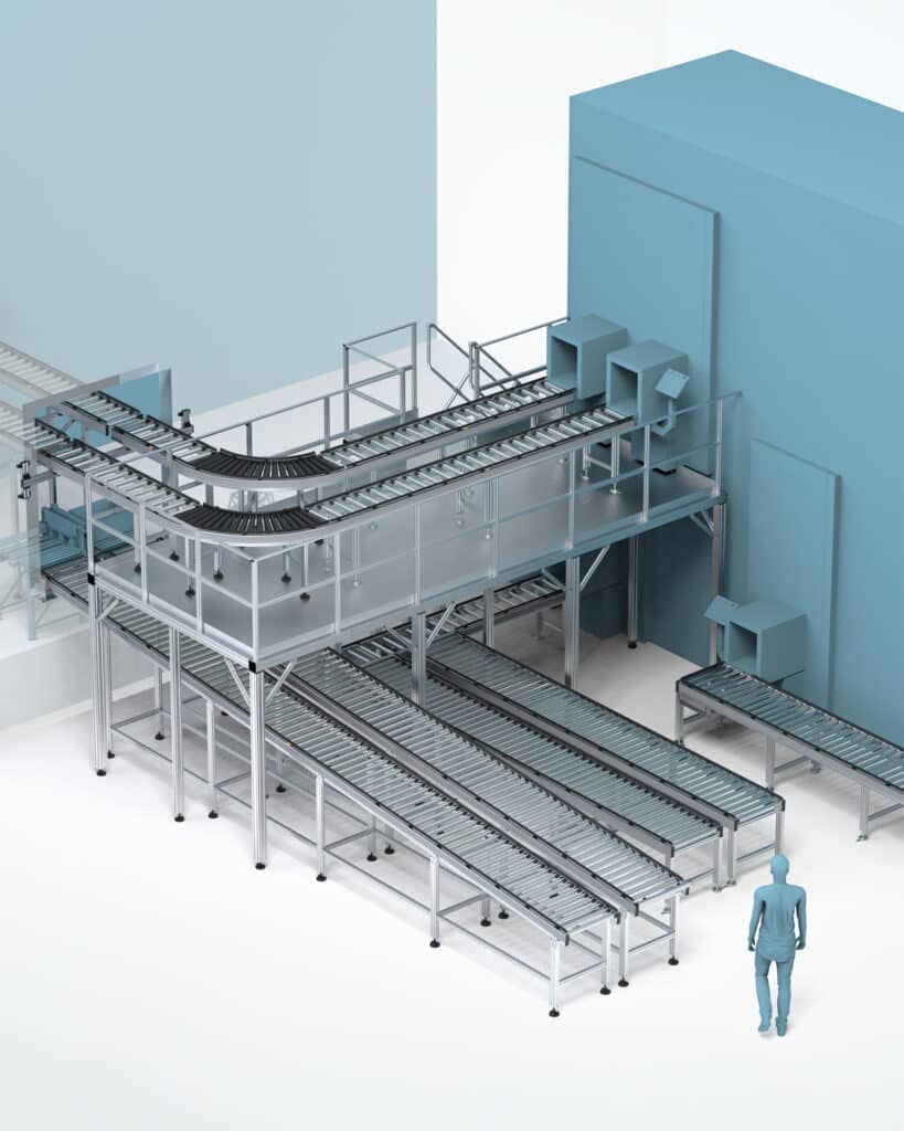 Rollenfördersystem von Robotunits zur automatisierte Bereitstellung der Artikel in KLTs bei Böllhoff Kardex