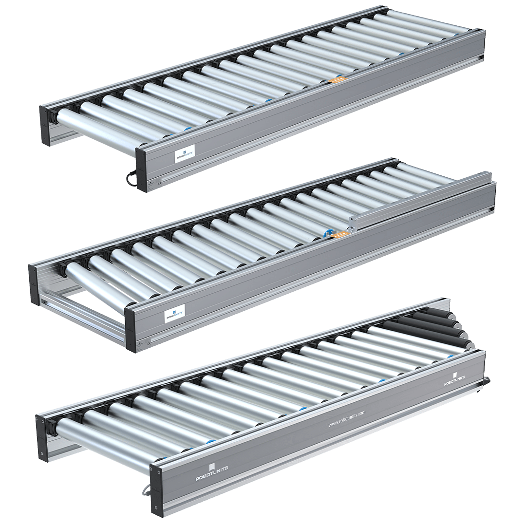 Robotunits Rollenförderer Module R5S Gerade, R5A Schrägrollenförderer Gerade und R5M Einschleuser