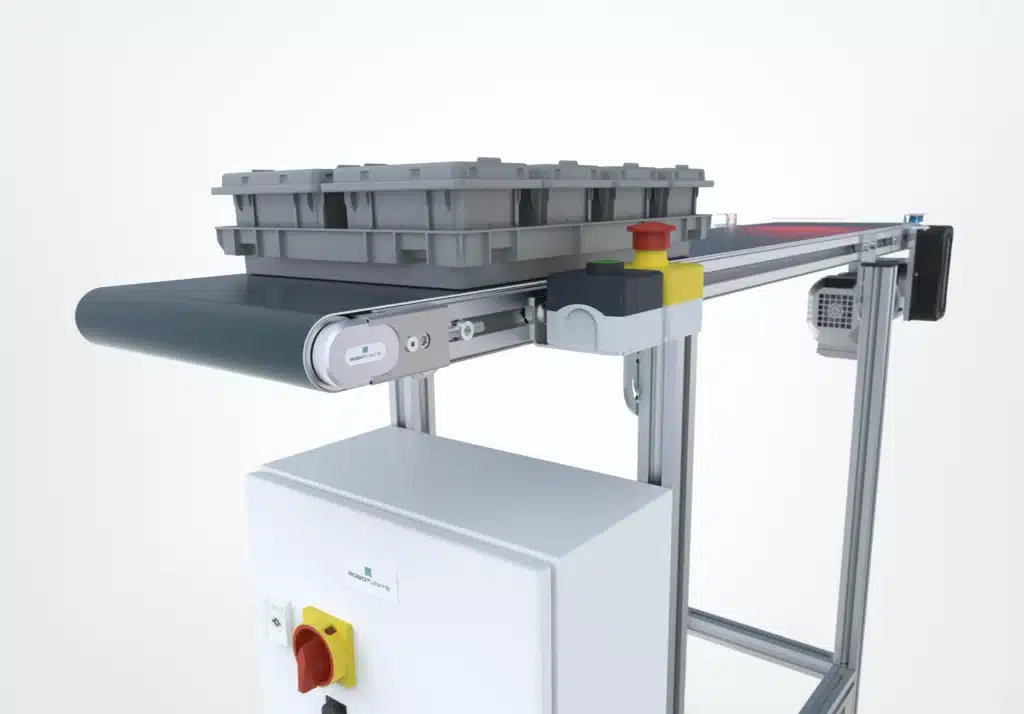 Robotunits belt conveyor with sensors, start/stop button, including control cabinet and ready for immediate use – turnkey plug-and-play conveyor technology from Robotunits